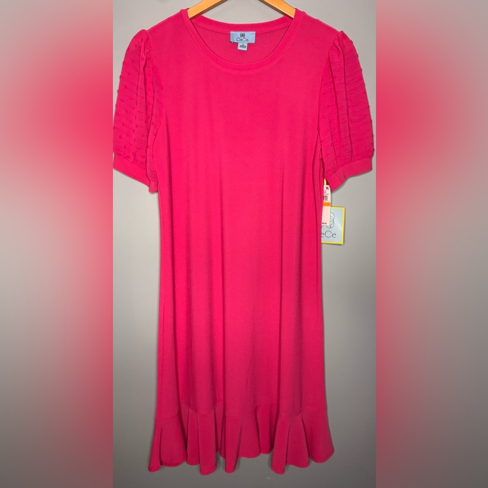 CeCe Bright Pink Puff Sleeve Dress NWT Ruffle Hem Small